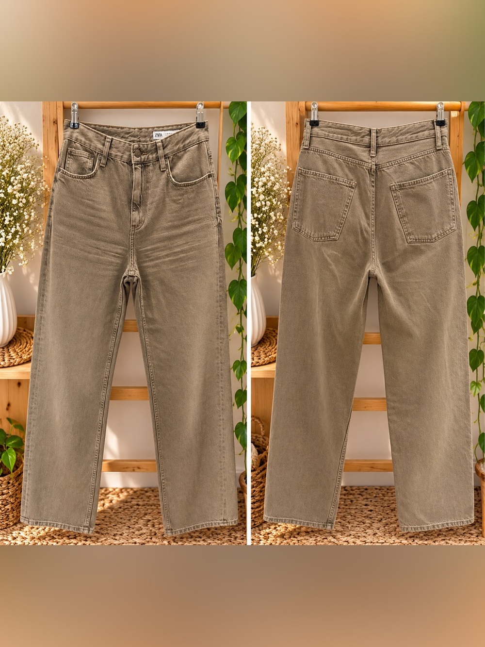 Zara Straight-Leg Jeans in Taupe Beige